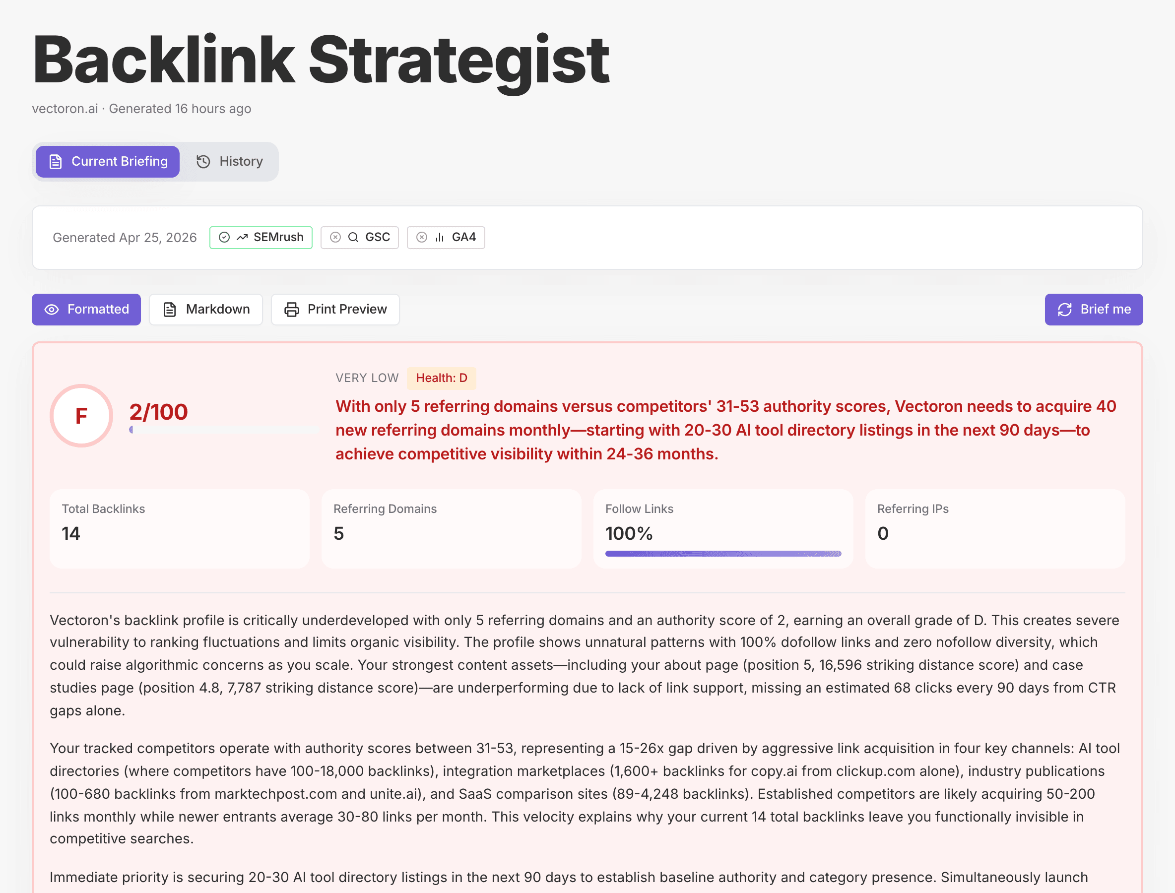 Backlink Strategist findings showing profile health grade and prioritized link acquisition targets that the Builder executes against