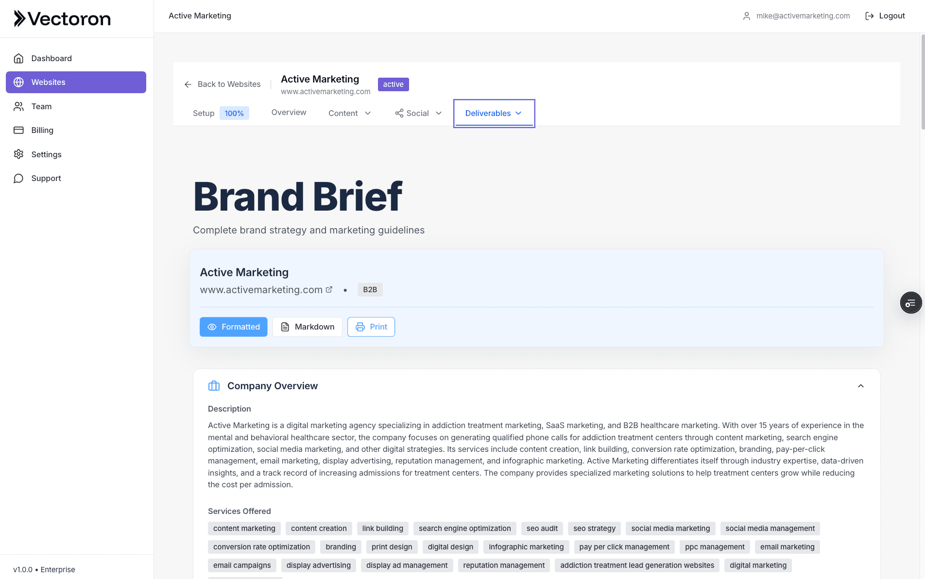 AI-generated brand brief and strategic deliverables