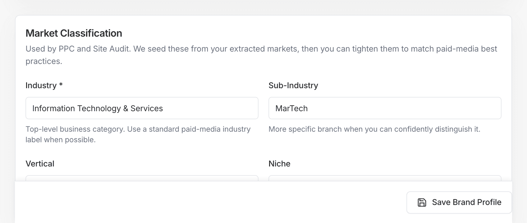 Market classification fields showing industry, sub-industry, vertical, and niche