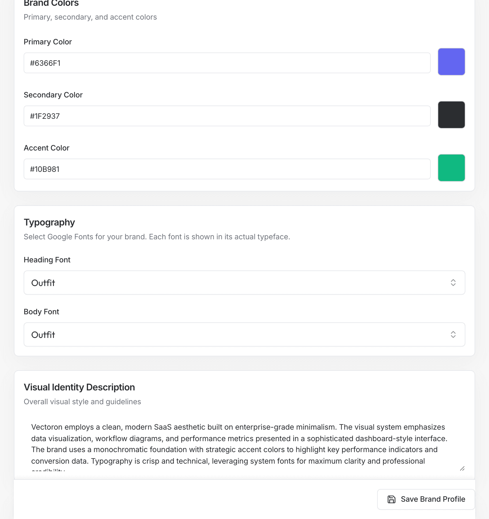 Brand profile visual identity settings showing logo, colors, typography, and visual guidelines