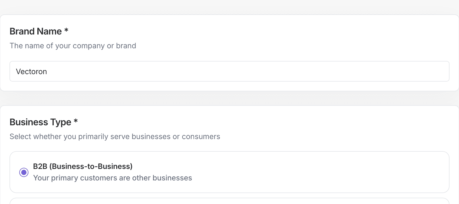 Brand setup profile showing editable voice, positioning, and brand context fields