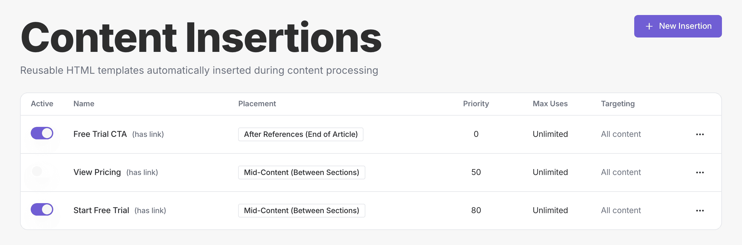 Internal linking insertion output showing applied links, anchor context, and the exact destinations added to the article