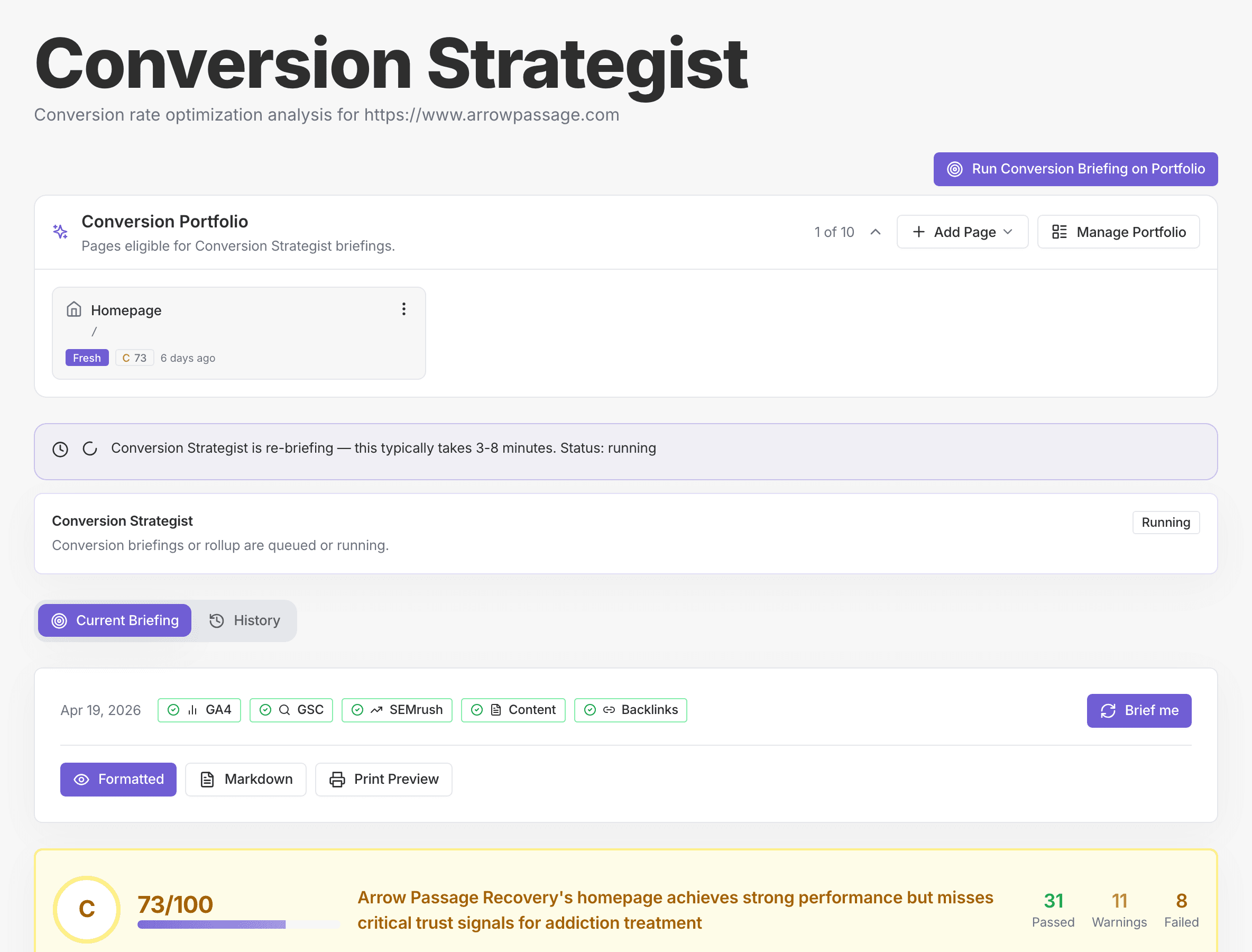 Healthcare Conversion Strategist findings with page health score, failed audit modules, and trust signal recommendations