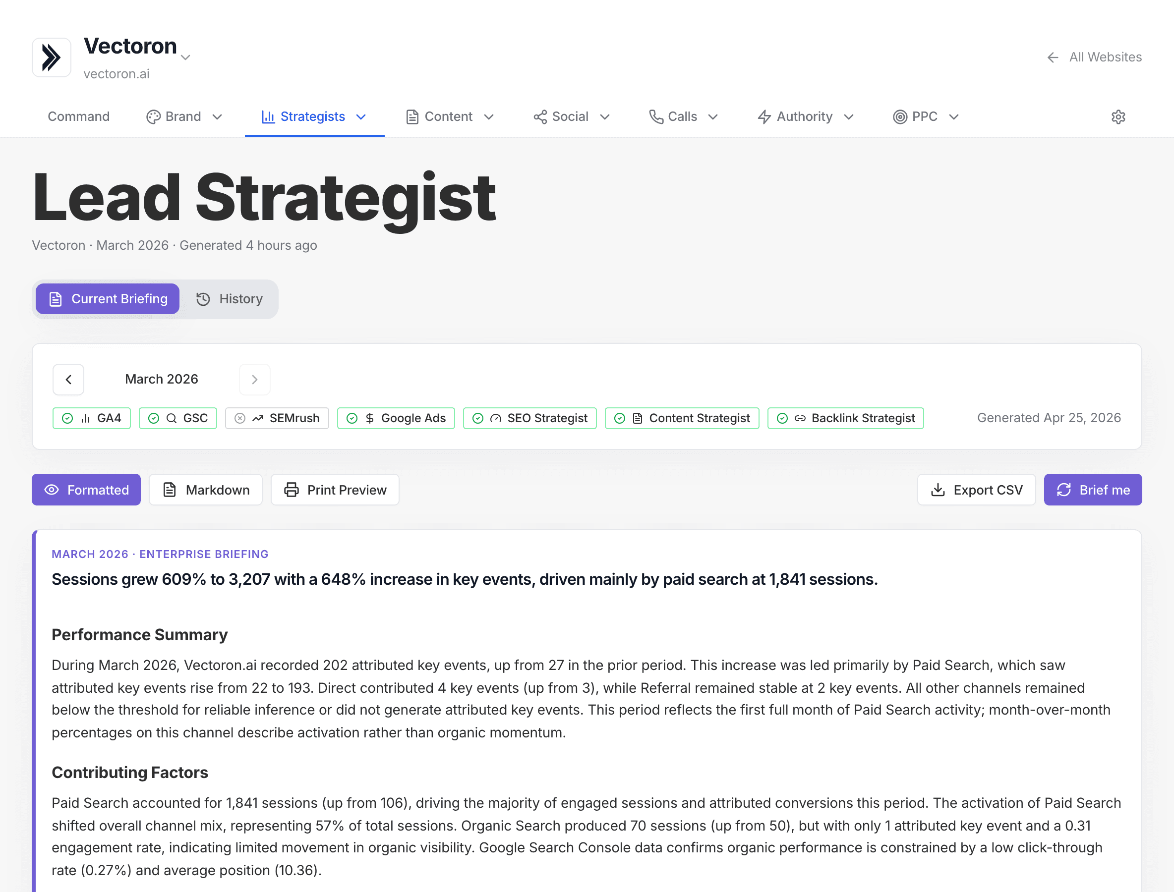 Expanded Lead Strategist briefing with priorities, performance context, and recommended actions